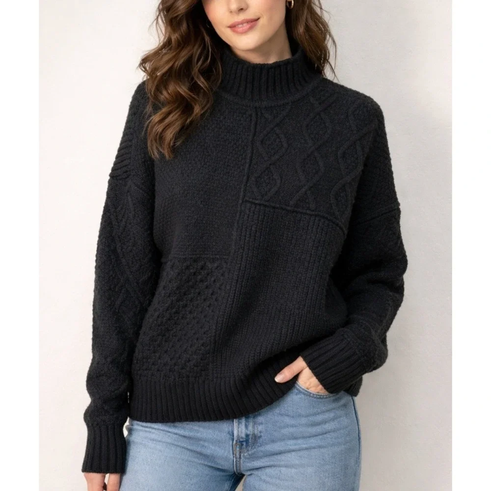 VTG American Eagle Mock Neck Patchwork Knit Sweater Black M Ribbed Cable Knit